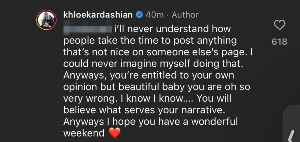 Khloe Kardashian responds to a comment on social media, defending her perspective and wishing the commenter a good weekend