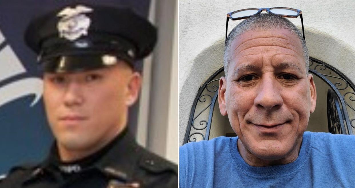 Fall River Police Officer Nicholas Hoar, left, was found guilty in federal court of depriving the rights of William Harvey after striking him in the head with a baton while Harvey was under arrest in 2020. Hoar was also found guilty of lying about the incident on police reports.