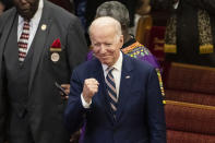 Democratic presidential candidate former Vice President Joe Biden gestures as he departs after attending services, Sunday, Feb. 23, 2020, at the Royal Missionary Baptist Church in North Charleston, S.C. (AP Photo/Matt Rourke)