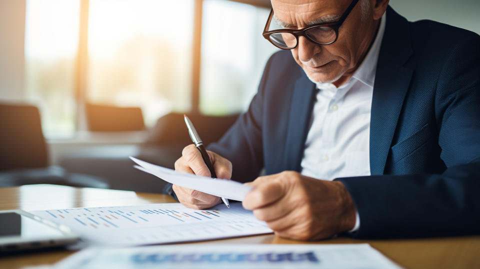 A close up of a senior financial advisor reviewing a portfolio and making recommendations for an investor.