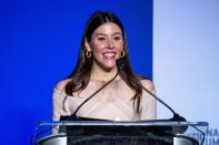 Designer Alexandra O'Neill speaks at an even for first lady Jill Biden to present her 2021 inaugural ensembles to the Smithsonian's National Museum of American History, Wednesday, Jan. 25, 2023, in Washington. (AP Photo/Alex Brandon)