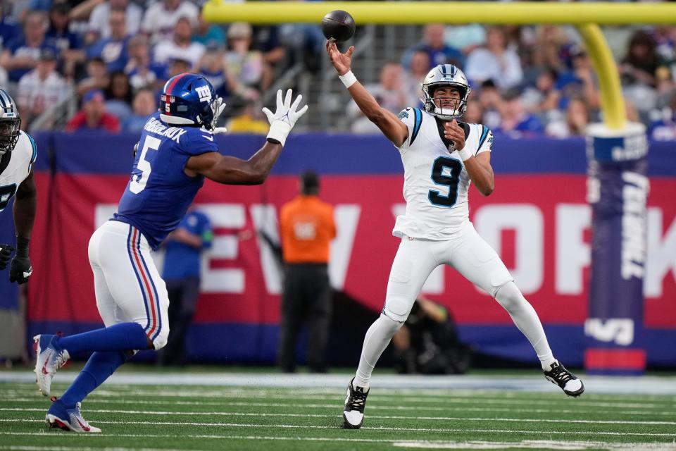 Carolina Panthers quarterback Bryce Young throws the ball during the first half of an NFL preseason football game against the New York Giants, Friday, Aug. 18, 2023, in East Rutherford, N.J.