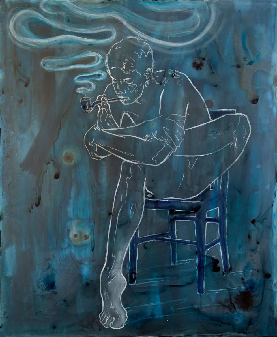 “The Contortionist (After Hujar)”, 2023, grafito, tiza y acrílico sobre papel Mylar, 36 × 30 pulgadas.