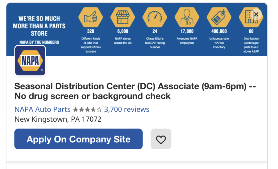 A job posting for Napa Auto Parts on the listings site Indeed notes 