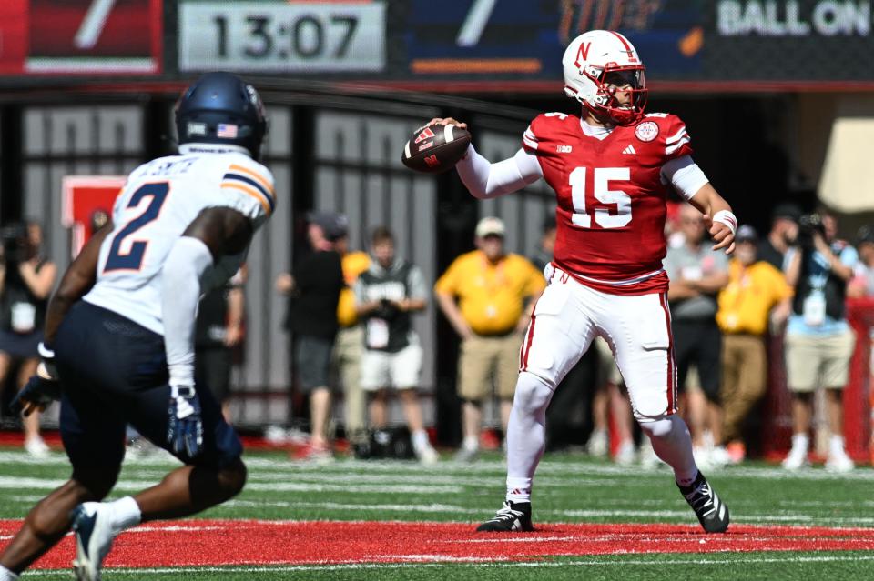 LINCOLN, NEBRASKA - AUGUST 31: Dylan Raiola #15 of the Nebraska Cornhuskers passes against the UTEP Miners during the second quarter at Memorial Stadium on August 31, 2024 in Lincoln, Nebraska. (Photo by Steven Branscombe/Getty Images)