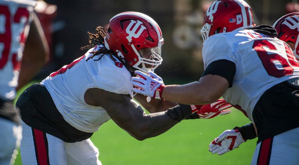 Indiana University's CJ West (8) performs a drill during fall practice at Indiana University's Mellencamp Pavilion on Thursday, August 8, 2024.