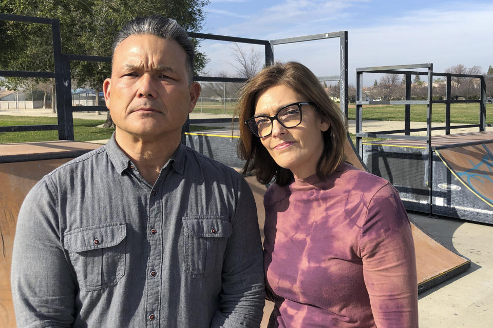 Curtis and Peggy Chapman stand at the Regency Community Park in Sacramento, Calif., on Friday, Jan. 27, 2023. Curtis, who was Tyre Nichols’ youth pastor, and Peggy remembered Nichols as someone with an adventurous spirit who was always trying difficult tricks on his skateboard at the park. Nichols, who grew up in Sacramento, was killed after he was beaten by police on Jan. 7, in Memphis, Tenn. (AP Photo/Adam Beam)