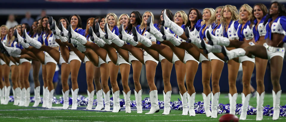 <p>The Dallas Cowboys Cheerleaders perform before the Dallas Cowboys take on the New York Giants at AT&T Stadium on September 10, 2017 in Arlington, Texas. (Photo by Tom Pennington/Getty Images) </p>