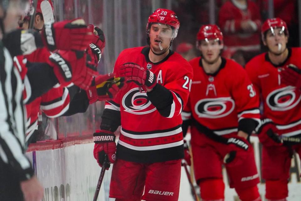 Mar 2, 2024; Raleigh, North Carolina, USA; Carolina Hurricanes center Sebastian Aho (20) celebrates his goal against the Winnipeg Jets during the second period at PNC Arena. Mandatory Credit: James Guillory-USA TODAY Sports