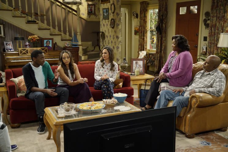 Jerrod Carmichael, Amber Stevens West, Aurora Perrineau, Loretta Devine, and David Alan Grier in 'The Carmichael Show' (Photo by: Chris Haston/NBC)