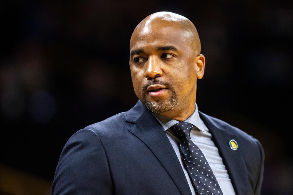 Kennesaw State head coach Amir Abdur-Rahim looks to the bench during a NCAA college men's basketball game against Kennesaw State, Sunday, Dec. 29, 2019, at Carver-Hawkeye Arena in Iowa City, Iowa.