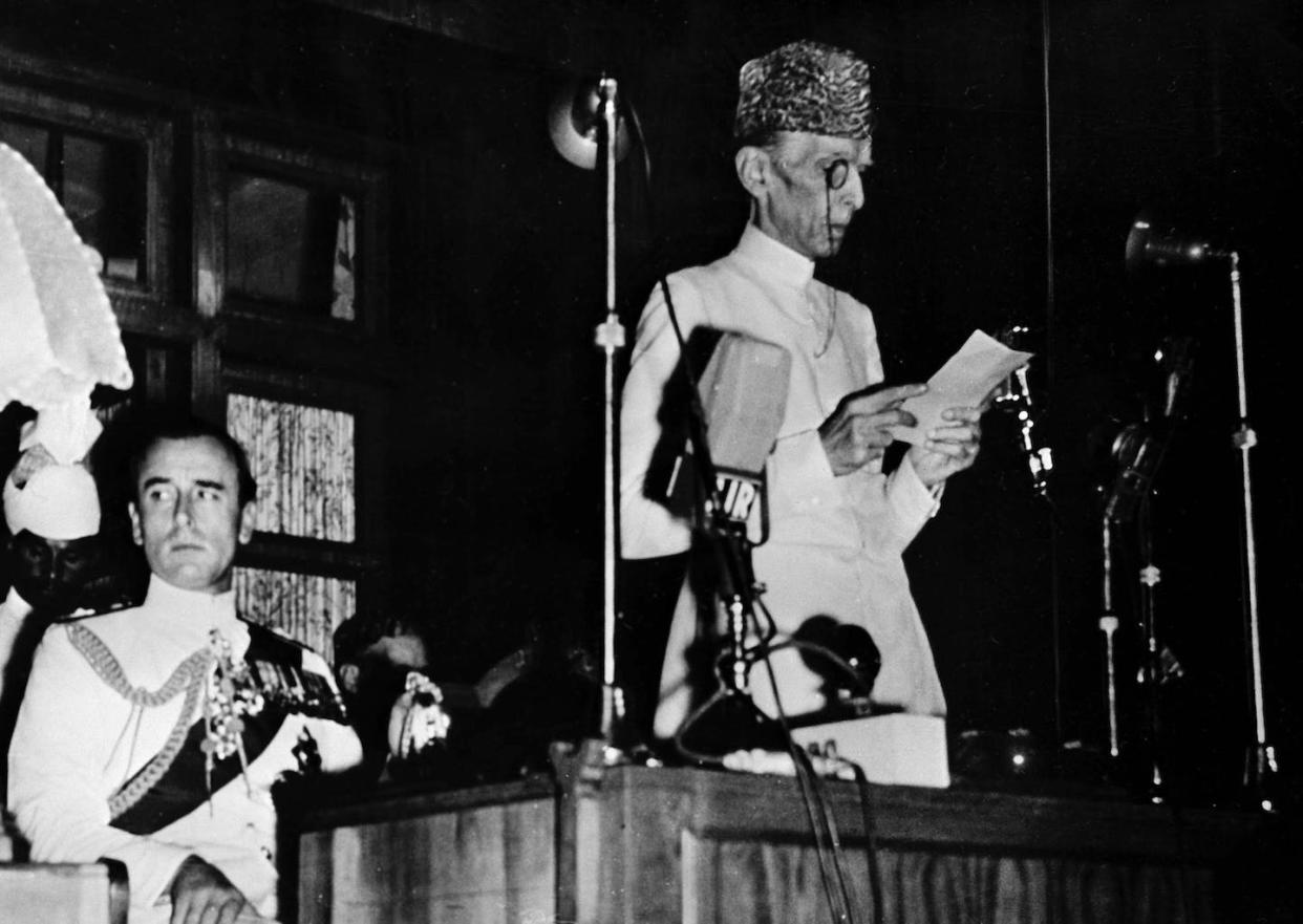 Mohammad Ali Jinnah addressing the assembly in Karachi on Aug. 15, 1947, after the creation of Pakistan. <a href="https://newsroom.ap.org/detail/PakistanJinnahandMountbatten1947/0b799f7f407344be8715b0240f948c69/photo?Query=jinnah&mediaType=photo&sortBy=&dateRange=Anytime&totalCount=195&currentItemNo=5" rel="nofollow noopener" target="_blank" data-ylk="slk:AP Photo;elm:context_link;itc:0;sec:content-canvas" class="link ">AP Photo</a>