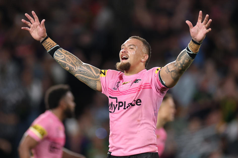 SYDNEY, AUSTRALIA - OCTOBER 06:  James Fisher-Harris of the Panthers celebrates at full-time after winning the 2024 NRL Grand Final match between the Melbourne Storm and the Penrith Panthers at Accor Stadium on October 06, 2024, in Sydney, Australia. (Photo by Cameron Spencer/Getty Images)