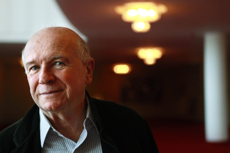 FILE - In this April 1, 1010, file photo, playwright Terrence McNally poses at the Kennedy Center in Washington. McNally, one of America’s great playwrights whose prolific career included winning Tony Awards for the plays "Love! Valour! Compassion!" and "Master Class" and the musicals "Ragtime" and "Kiss of the Spider Woman," died Tuesday, March 24, 2020, of complications from the coronavirus. He was 81. (AP Photo/Jacquelyn Martin, File)