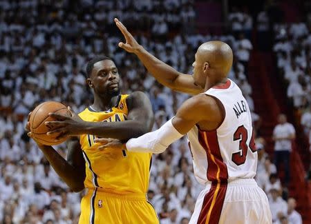Indiana Pacers guard Lance Stephenson (1) is defended by Miami Heat guard Ray Allen (34) during the second half in game six of the Eastern Conference Finals of the 2014 NBA Playoffs at American Airlines Arena. May 30, 2014; Miami, FL, USA;Steve Mitchell-USA TODAY Sports