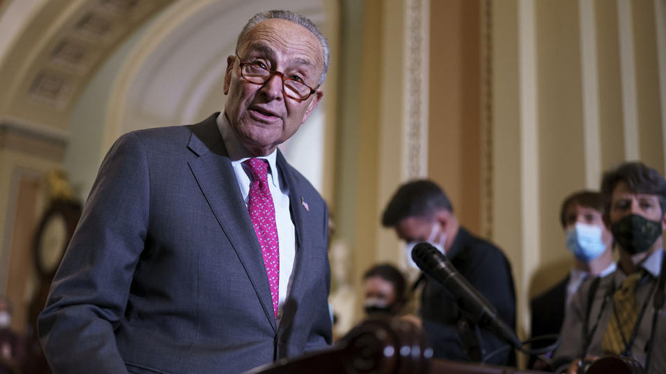 In this Aug. 3, 2021 photo, Senate Majority Leader Chuck Schumer, D-N.Y., speaks to reporters at the Capitol in Washington. (AP Photo/J. Scott Applewhite)