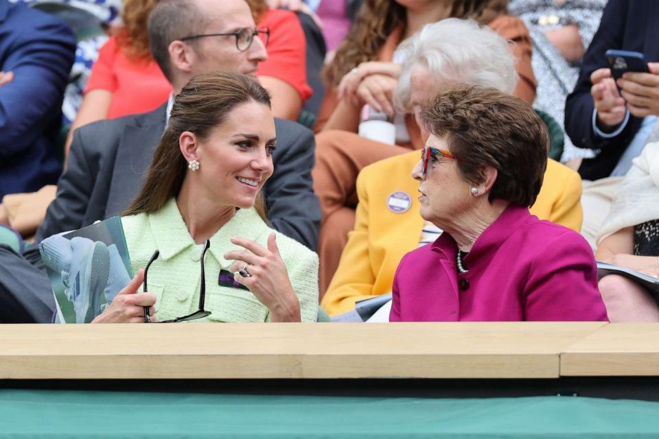 PHOTO: Catherine, Princess of Wales, speaks with Billie Jean King in the Royal Box at the Ladies Singles Final on day thirteen of the Wimbledon Tennis Championships in London, July 15, 2023. (Stephen Lock/i-Images via Polaris)