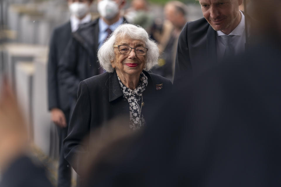 Holocaust Survivor Margot Friedlander steps away from the podium after speaking at a ceremony attended by U.S. Secretary of State Antony Blinken and German Minister of Foreign Affairs Heiko Maas for the launch of a U.S.-Germany Dialogue on Holocaust Issues at the Memorial to the Murdered Jews of Europe in Berlin, Thursday, June 24, 2021. Blinken is on a week long trip in Europe traveling to Germany, France and Italy. (AP Photo/Andrew Harnik, Pool)