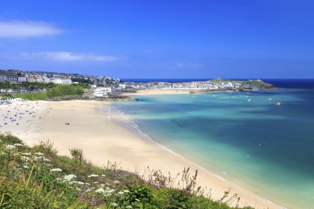 View overlooking Porthminster Beach St Ives Cornwall England UK