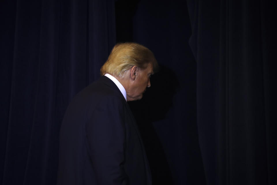 President Trump exits a press conference on the sidelines of the United Nations General Assembly in New York City on Wednesday. (Photo by Drew Angerer/Getty Images)