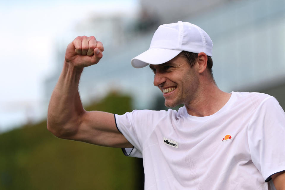 Alastair Gray celebrates after winning his first round match against Taiwan's Chun Hsin Tseng at Wimbledon