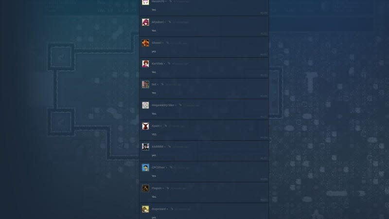 A page of people saying "Yes" on Steam.
