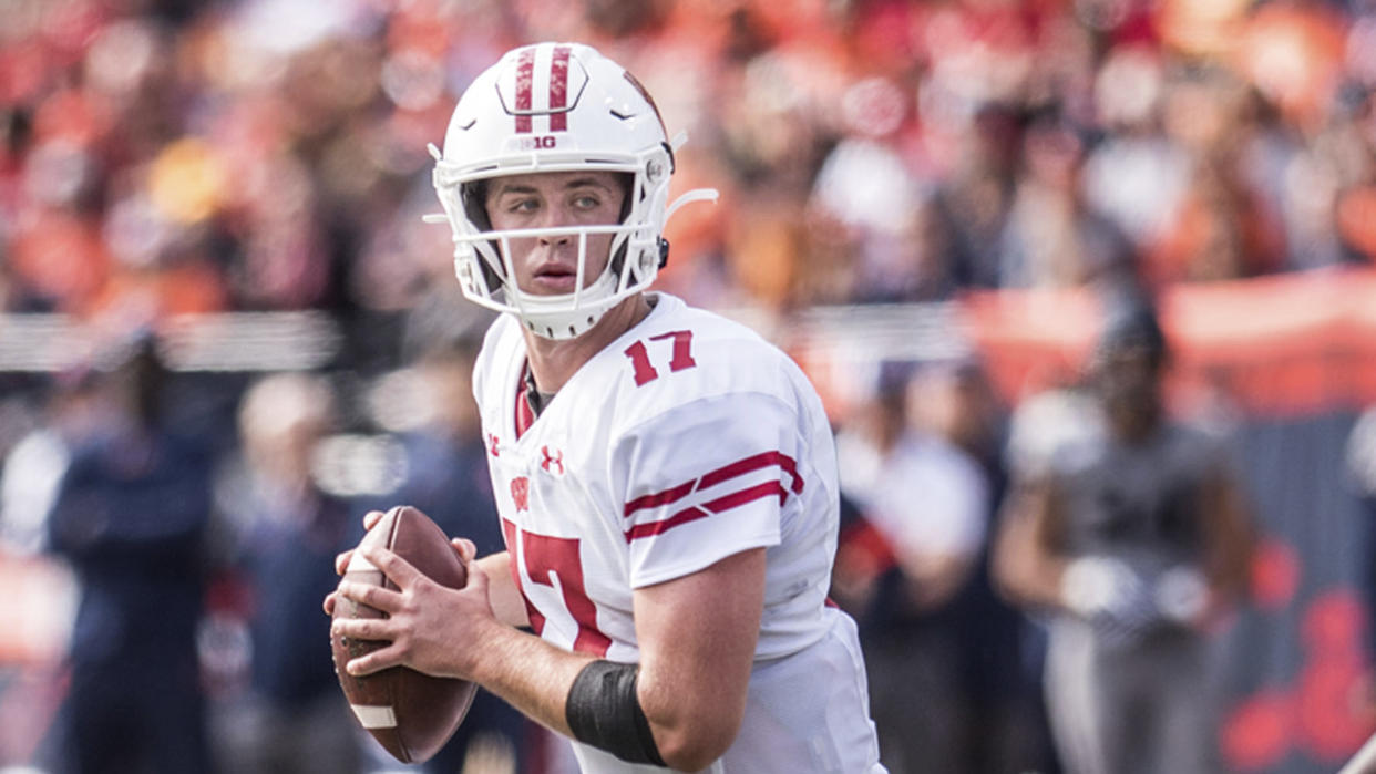 Former Wisconsin quarterback Jack Coan (17) will start Notre Dame's season opener. (AP Photo/Holly Hart)