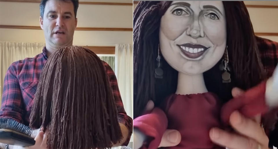LEFT: Clarke Gaysford looking at the doll with it facing him, you can just see the brown hair. RIGHT: the doll which has a caricature version of Jacinda Ardern's face. 