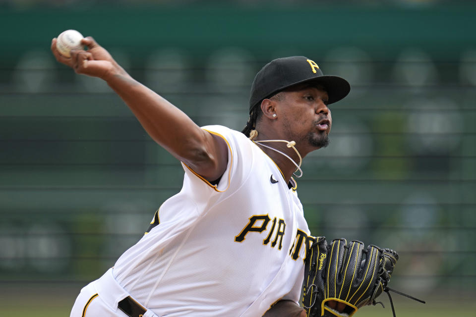 Pittsburgh Pirates starting pitcher Luis Ortiz delivers during the first inning of a baseball game against the St. Louis Cardinals in Pittsburgh, Saturday, June 3, 2023. (AP Photo/Gene J. Puskar)