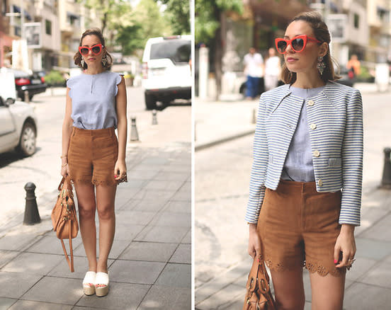 <p>Add texture to your outfit by mixing it up and wearing suede shorts. <i>[Photo: My Showroom Priscila/ Lookbook]</i></p>