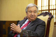 U.N. Secretary-General Antonio Guterres talks with South Korean Foreign Minister Park Jin during their meeting at the Foreign Ministry in Seoul, South Korea, Friday, Aug. 12, 2022. (Jeon Heon-Kyun/Pool Photo via AP)