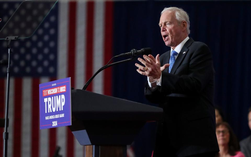 U.S. Senator Ron Johnson addresses Donald Trump supporters during a campaign rally on Tuesday, April 2, 2024 at the KI Convention Center in Green Bay, Wis.