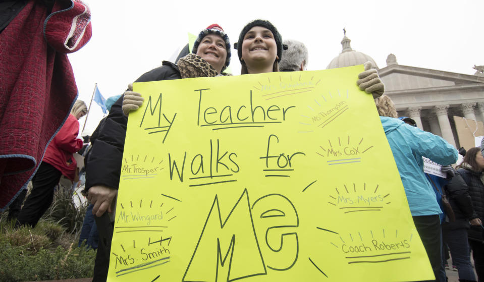 <p>Ella Roach holds a protest sign in support of her teacher, Kimberly Cox, during a rally at the state Capitol on April 2, 2018, in Oklahoma City. (Photo: J Pat Carter/Getty Images) </p>