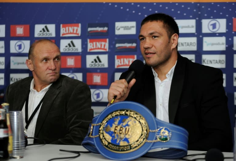Heavyweight Russian boxer Alexander Unstinov addresses a press conference in Hamburg, in 2012