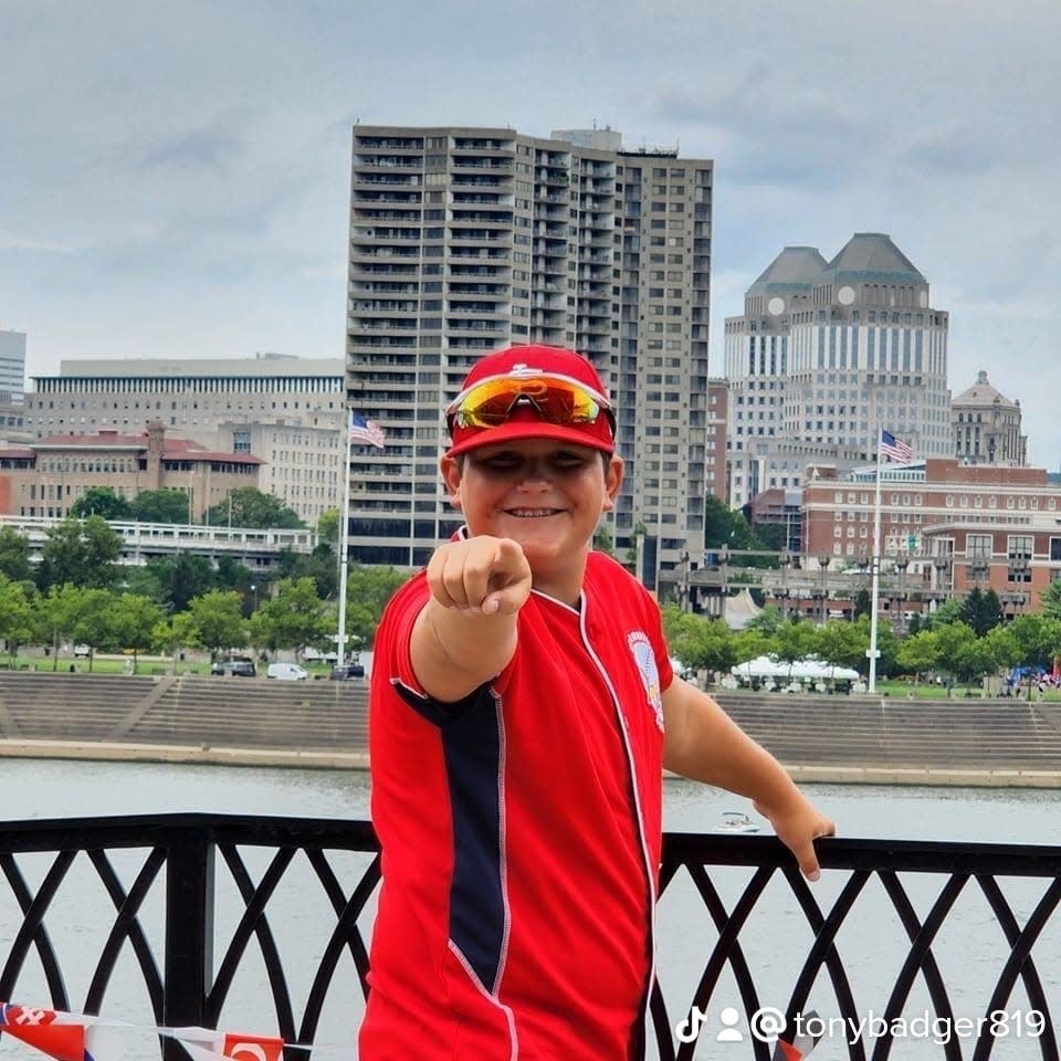 This photo of Terry Badger III popped up on the video board at Covington's youth major league baseball field at the same moment Terry's uncle, Tony Badger, learned an anti-bullying bill in Terry's honor had been signed by Indiana Gov. Eric Holcomb.