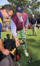 MEDINAH, IL - SEPTEMBER 25: Hollywood star Bill Murray clowns around with the Ryder Cup on the first tee during the 2012 Ryder Cup Captains & Celebrity Scramble at Medinah Country Golf Club on September 25, 2012 in Medinah, Illinois. (Photo by David Cannon/Getty Images)