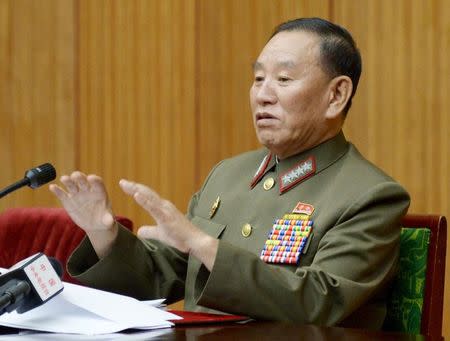 FILE PHOTO - North Korea's general reconnaissance bureau head Kim Yong Chol speaks during an emergency briefing for diplomats basing in North Korea, in Pyongyang August 21, 2015, in this photo released by Kyodo. Mandatory credit REUTERS/Kyodo