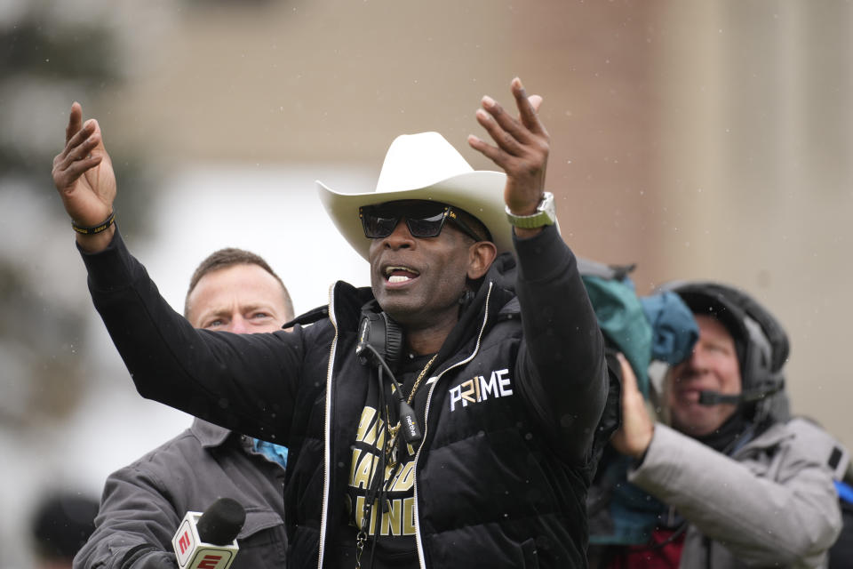 Colorado head coach Deion Sanders in the first half of the team's spring practice NCAA college football game Saturday, April 22, 2023, in Boulder, Colo. (AP Photo/David Zalubowski)