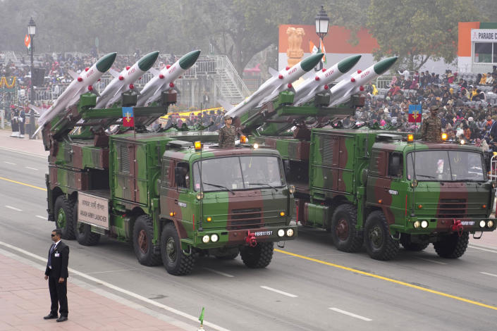 Indian Army Akash missile launcher drives through the ceremonial Kartavya Path boulevard during India's Republic Day celebrations in New Delhi, India, Thursday, Jan. 26, 2023. Tens of thousands of people shed COVID-19 masks but faced morning winter chill and mist at a ceremonial parade in the Indian capital on Thursday showcasing India's defense capability and cultural and social heritage on a long revamped marching ceremonial boulevard from the British colonial rule. (AP Photo/Manish Swarup)