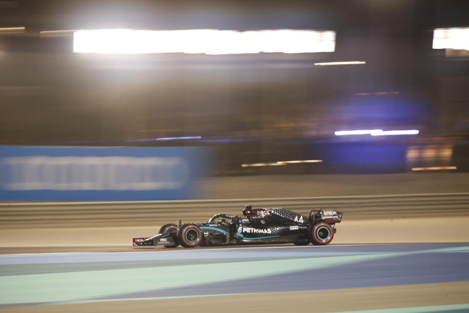 Mercedes driver Lewis Hamilton of Britain steers his car during the second free practice at the Formula One Bahrain International Circuit in Sakhir, Bahrain, Friday, Nov. 27, 2020. (Hamad Mohammed, Pool via AP)