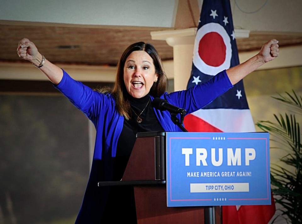 Karen Pence, wife of Vice President Mike Pence, speaks during a campaign stop, Thursday afternoon, Oct. 22, 2020, in Tipp City, Ohio. (Marshall Gorby/Dayton Daily News via AP)