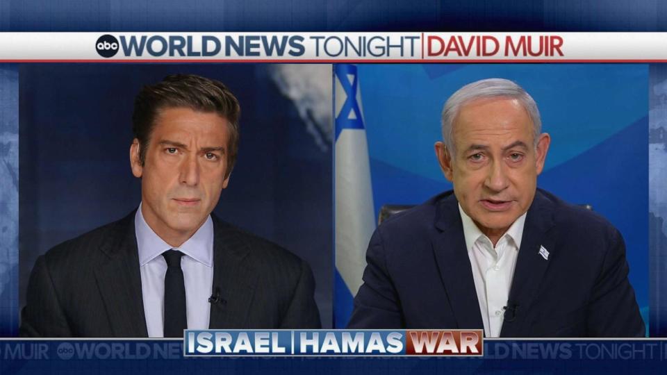 PHOTO: Israeli Prime Minister Benjamin Netanyahu speaks with ABC News World News Tonight anchor David Muir, Nov. 6, 2023. (ABC News)