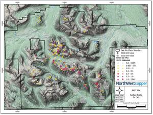 Copper (Cu) % in surface rock samples on the East Niv Project