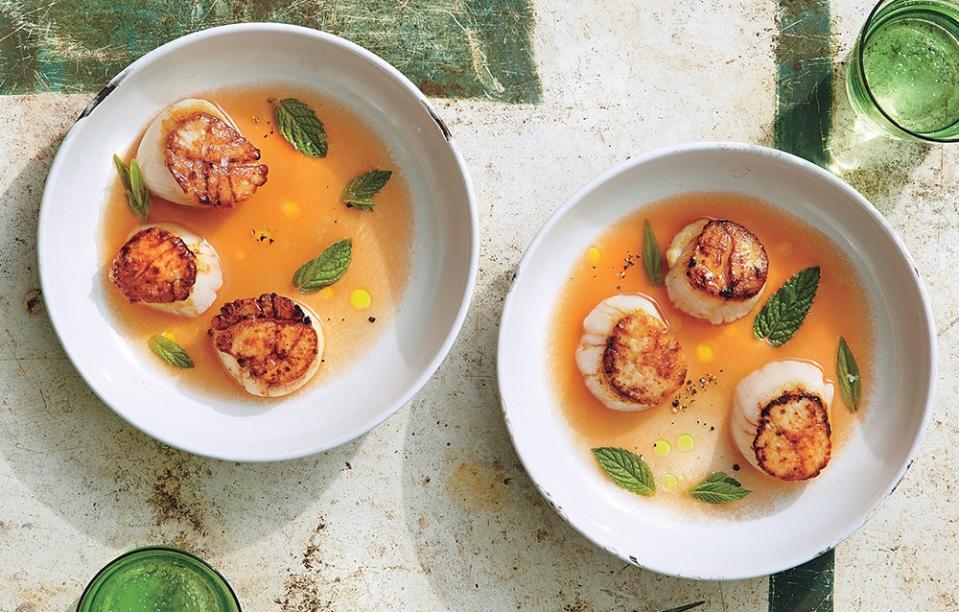 Seared Scallops with Tomato Water, Lime, and Mint