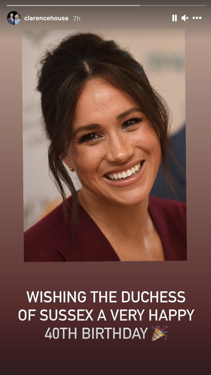 @clarencehouse Instagram Story wishes Meghan Markle a happy birthday - Credit: @clarencehouse/Instagram.