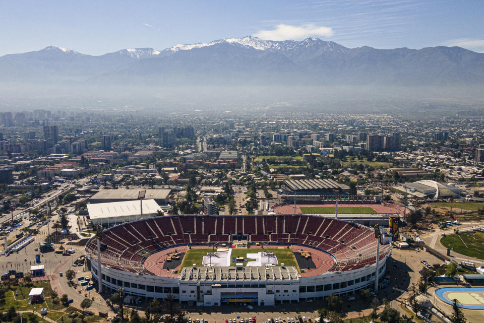 The National Stadium of Santiago stands days before the start of the Pan-American Games in Santiago, Chile, Tuesday, Oct. 17, 2023. The Games start Oct. 20. (AP Photo/Matias Basualdo)