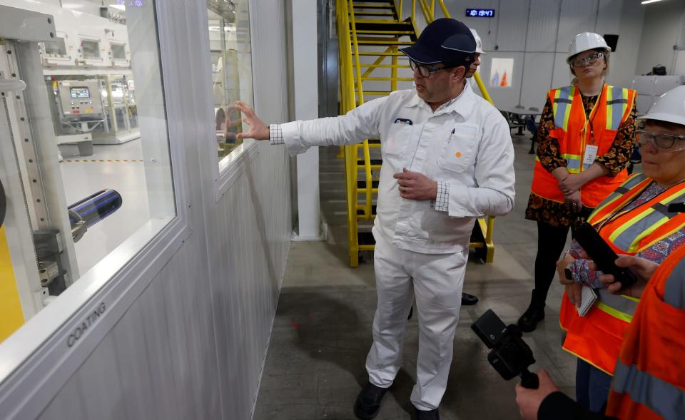 Steve Johnson, the operations manager at Fuel Cell System Manufacturing in Brownstown, talks with the media during a tour of part of the 70,000 square foot facility on Wednesday, Jan. 24 2024.