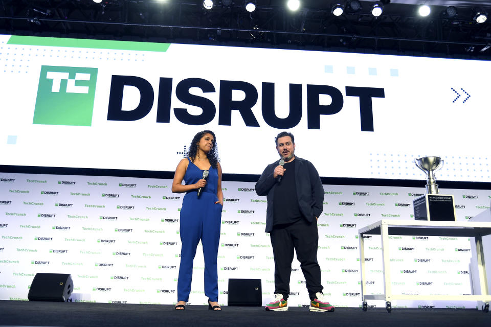 SAN FRANCISCO, CALIFORNIA - OCTOBER 04: (L-R) TechCrunch Startup Program Manager Neesha Tambe and TechCrunch Editor-In-Chief Matthew Panzarino speak onstage during TechCrunch Disrupt San Francisco 2019 at Moscone Convention Center on October 04, 2019 in San Francisco, California. (Photo by Steve Jennings/Getty Images for TechCrunch)