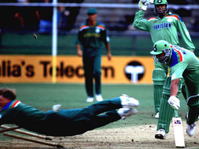 Jonty Rhodes is arguably the greatest run-out exponent of all time. And he showed why in 1992 when he scooped up a ball that had trickled off Inzamam-ul-haq’s pad. As Inzy turned and lumbered back towards the crease, Rhodes decided against throwing the ball, instead transforming himself into a human missile, his entire body hurtling headlong into, and through, the wicket, running out the big Pakistani in the most spectacular way possible.