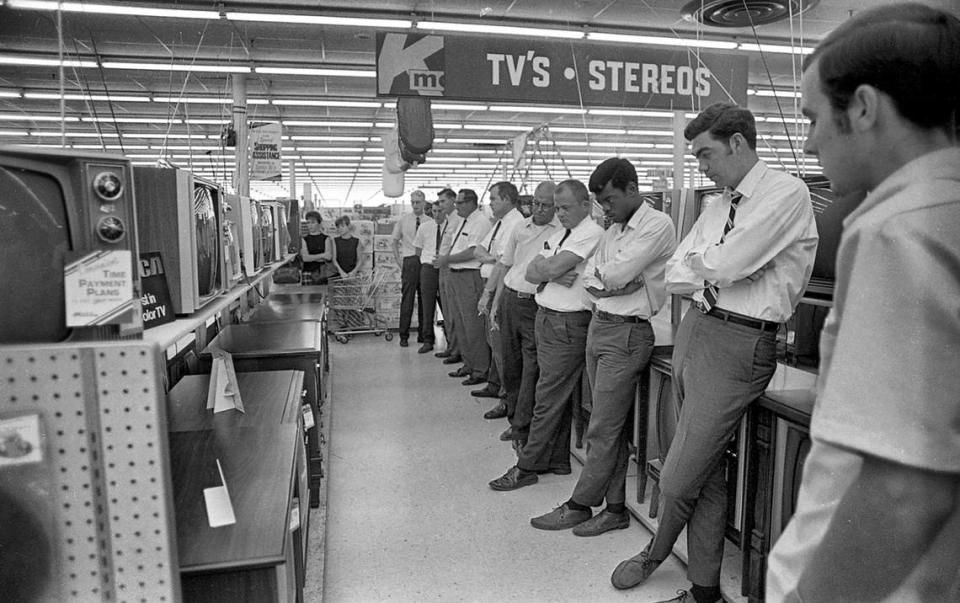 Employees at the K-Mart in Raleigh watch the moon landing in the store on July 20, 1969. The image is part of our ongoing feature of historic photos documenting North Carolina’s changing landscape.